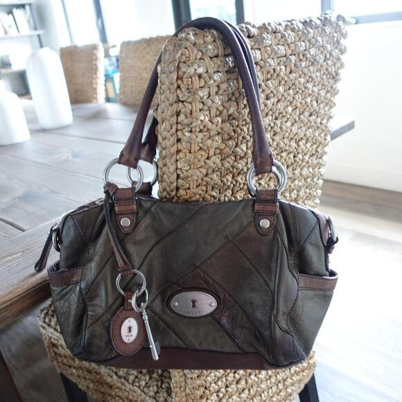 Vintage Fossil Handbag Leather Brown Patchwork Stitch Satchel Keyhole Boho 90s - Picture 12 of 15